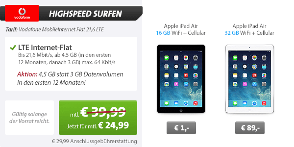 Vodafone LTE 3GB Flat + iPad Air 24.99€ mtl