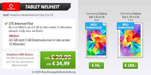 Galaxy Tab S 8.4 LTE + Internet Flat 3GB 24.99€ mtl