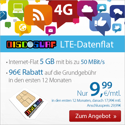 LTE Internet Flat 5 GB 17,99€ monatlich kündbar