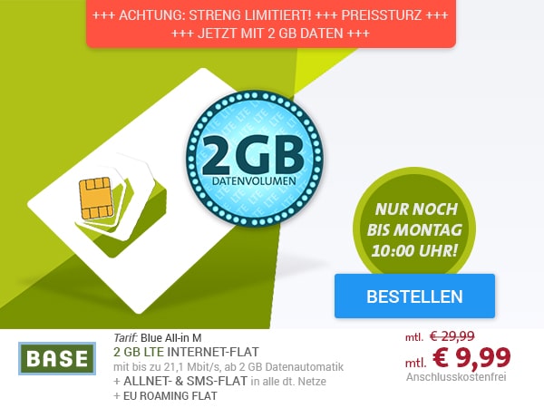 BASE Blue All-in M SIM-Only mit EU Roaming-Flat nur € 9,99 mtl.