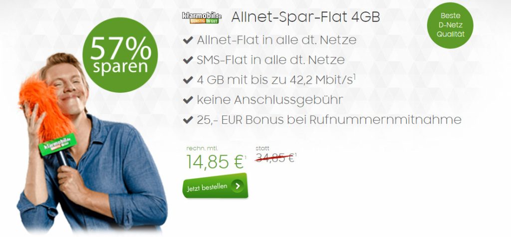 Allnet-Spar-Flat von klarmobil mit 4GB nur 14,85€ mtl.