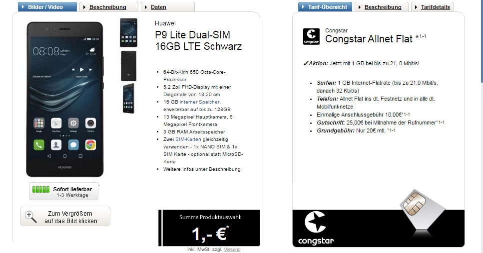 Huawei P9 Lite + MediaPad + Congstar Allnet Flat + 1GB nur 20€ mtl.