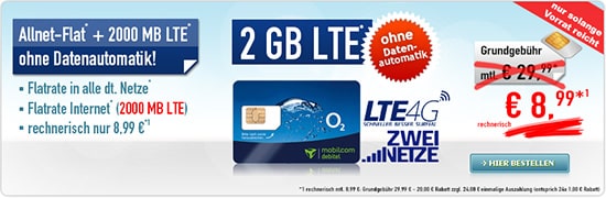 Allnet Flat 2 GB LTE nur 8,99€ monatlich