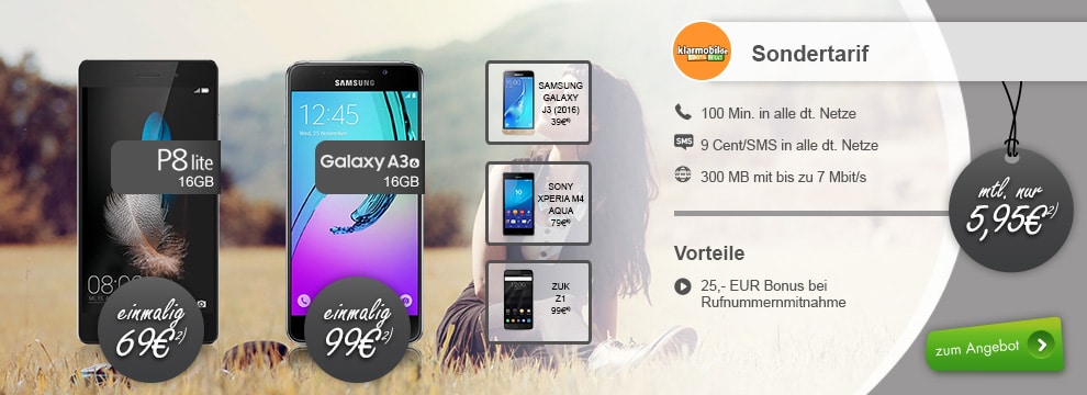 Huawei P8 Lite + 100 Min + 300 MB nur 5,95€ mtl.