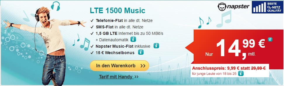 LTE Tarife mit Napster Music-Flat ab 14,99€ mtl.