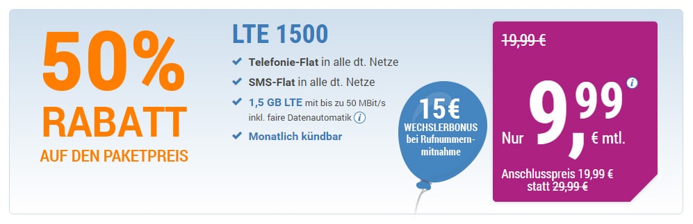 LTE 1500 + Allnet + SMS + EU +monatlich kündbar nur 9,99€ mtl.