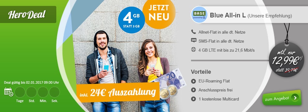 BASE Blue All-In L SIM-Only mit 4GB LTE nur 12,99€ mtl.