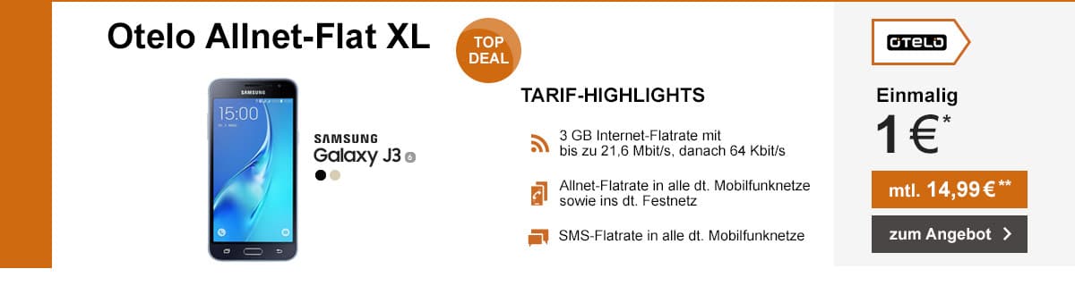 Otelo XL Tarif mit 3 GB und dem Galaxy J3 nur 14,99€ mtl.