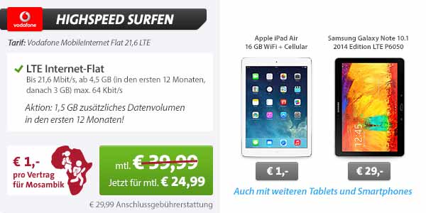 iPad Air + Cellular + Vodafone LTE Flatrate nur 24.99€ mtl