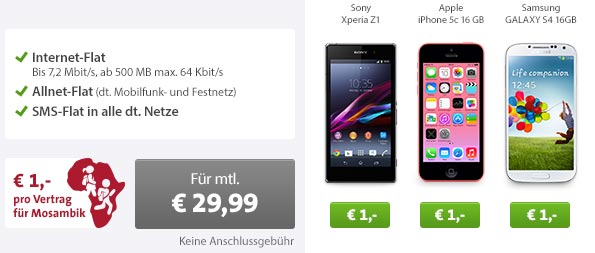 iPhone 5c oder Galaxy S4 + AllNet Flat nur 29.99€ mtl