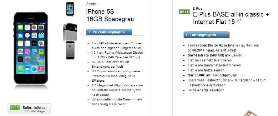 iPhone 5S + E-Plus BASE all-in classic nur 35€ mtl