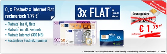 o2 Flatrate & Festnetz Flat & Homezone, nur 1.79€ mtl