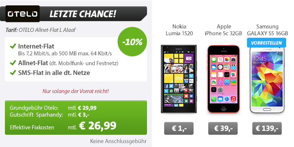 Galaxy S5 16GB + AllNet Flatrate nur 26.99€ mtl