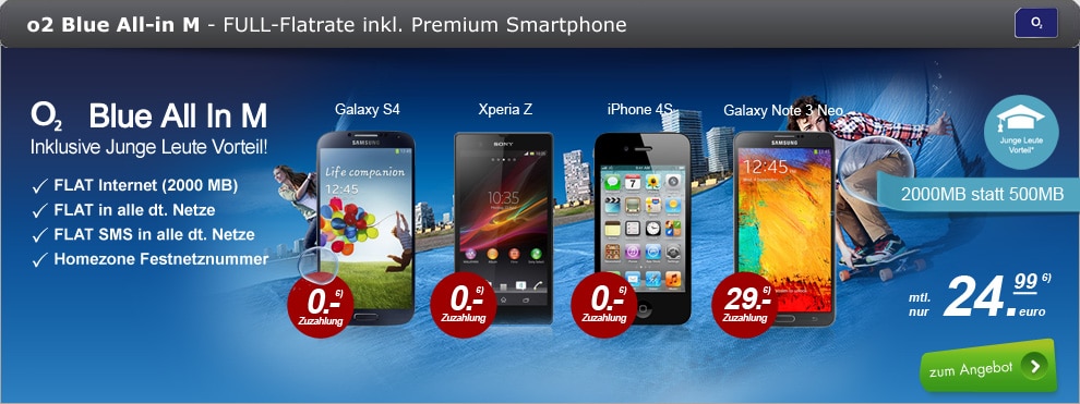 O2 Blue All in M Junge Leute AllNet Flat 24.99€ mtl