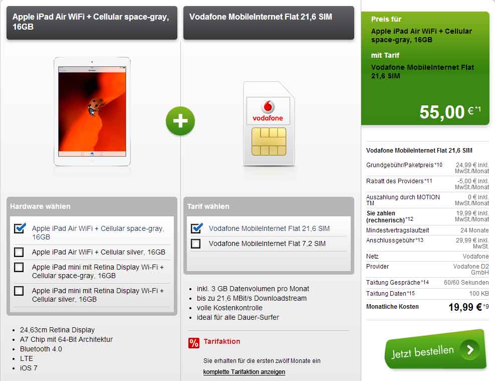 Apple iPad Air WiFi + Cellular Vodafone 19.99€ mtl