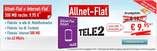 Tele2 Allnet Flat Smart LTE nur 9.95€ mtl
