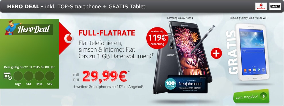 Allnet Flat mit Samsung Smartpone und Gratis Tab 29.99€ mtl