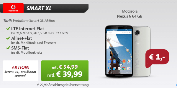 Motorola Nexus 6 64GB + Vodafone Smart XL Aktion