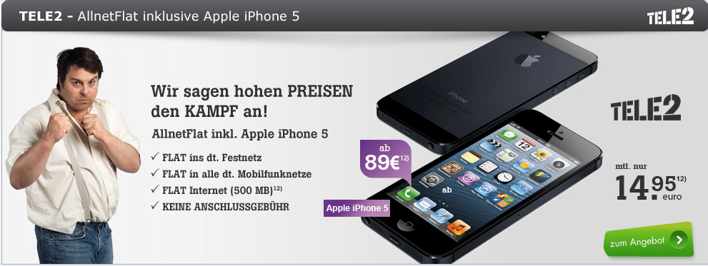 Tele2 Allnet Flat Smart + iPhone 5 nur 14.95€ mtl.