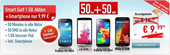 50 Min/SMS + 1GB Daten + Smartphone nur 9.99€ mtl
