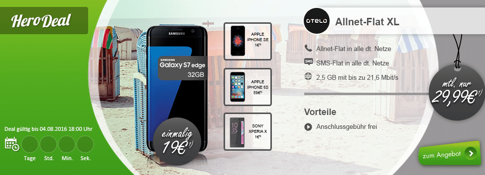 Otelo Allnet Flat XL 2,5GB + Galaxy S7 Edge nur 29,99€ mtl.