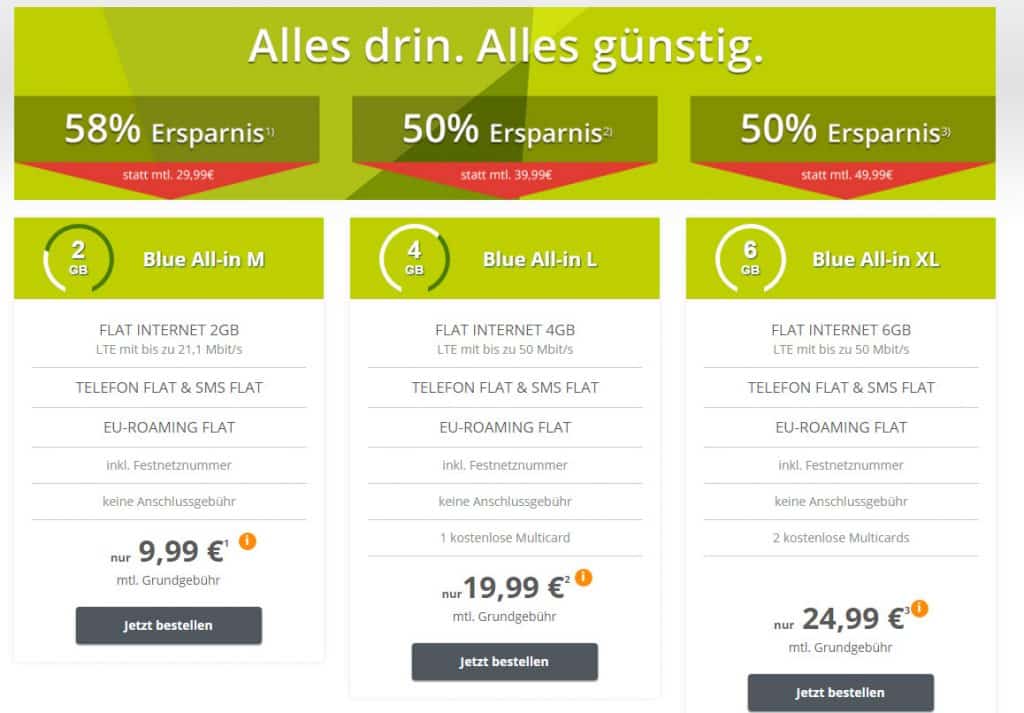 Blue All in XL + 6 GB LTE + Allnet + EU nur 24.99€ mtl.
