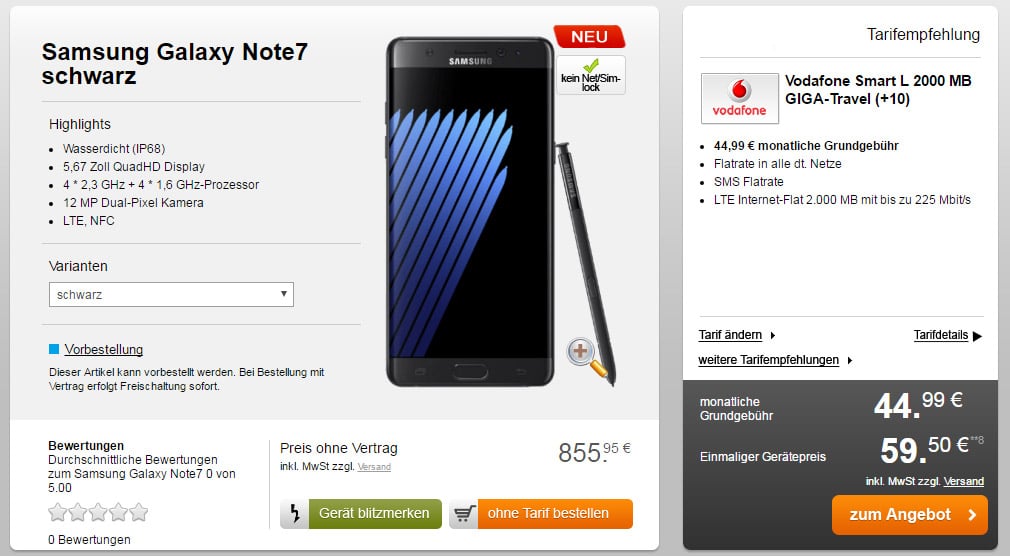 Samsung Note7 + Vodafone Smart L+ 2 GB LTE - 44,99€ mtl.