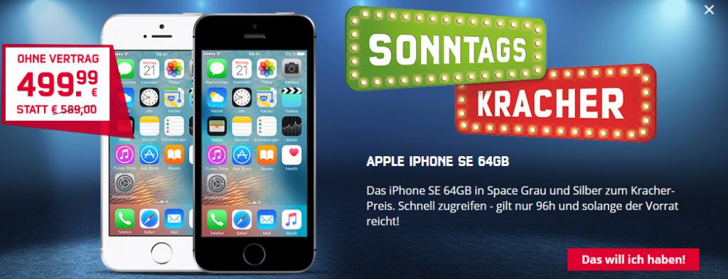 Apple iPhone SE 64 GB ohne Vertrag nur 499,99 Euro