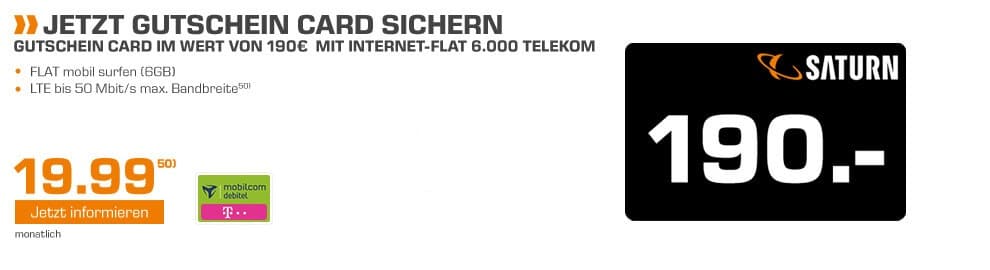 Internet-Flat 6.000 LTE Telekom + 190€ Saturn Gutschein - nur 19,99€ mtl.