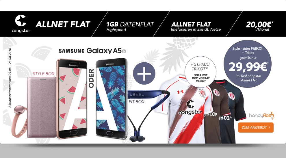 Galaxy A5 (2016) + Telekom Allnet + 1GB + St. Pauli Trikot nur 20€ mtl.