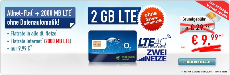Allnet Flat 2 GB LTE -ohne Datenautomatik- 9,99€ mtl