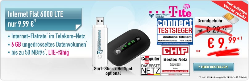 Internet-Flat LTE 6000 Telekom 9.99€ mtl. Aktion