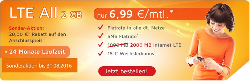 LTE 2GB Allnet Flat für nur 6,99 Euro monatlich.
