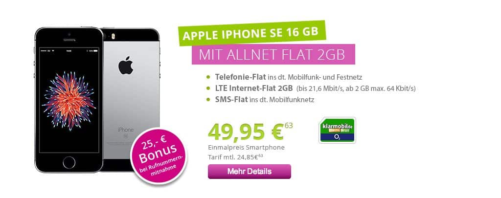 iPhone SE + 2GB LTE + Allnet + SMS nur 24,85€ mtl.