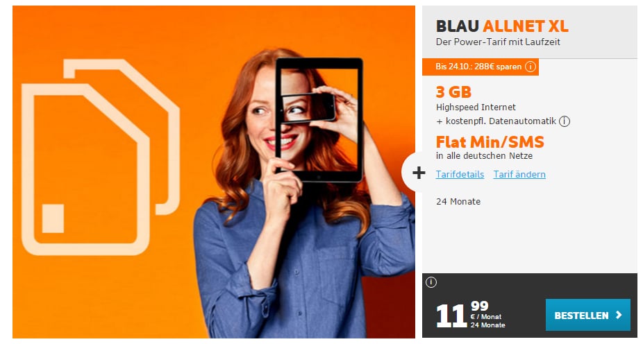 Blau Allnet XL+ 3GB Daten nur 11,99€ mtl.