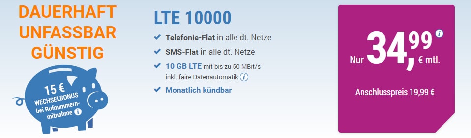 10 GB LTE + Allnet + SMS+ EU + monatlich kündbar nur 34,99€ mtl.