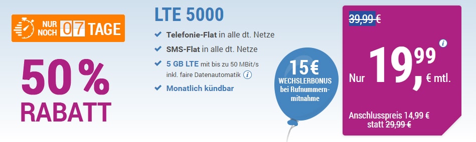 LTE 5000 MB+ Allnet+ SMS+ EU+ monatlich kündbar nur 19,99€ mtl.