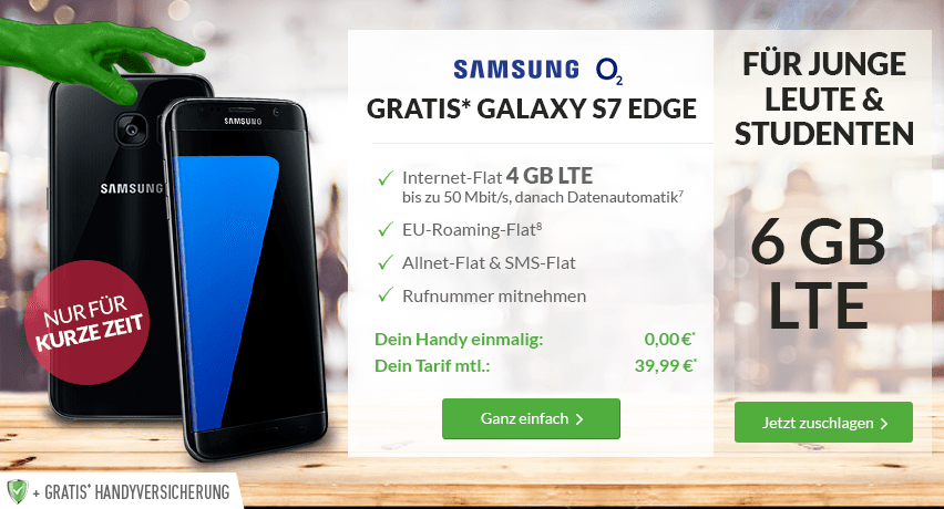 Blue All-In L Young +6GB LTE+ S7 Edge+ EU+ Handyversicherung nur 39,99€ mtl.