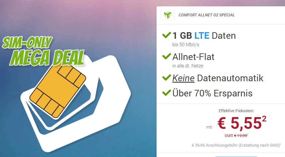 Mega Deal! 1 GB LTE + Allnet nur 5,55€ mtl.