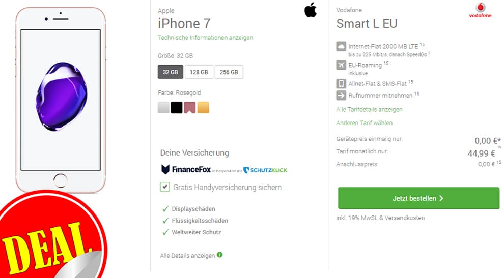 Smart L EU + iPhone 7 + Handyversicherung nur 44,99€ mtl.