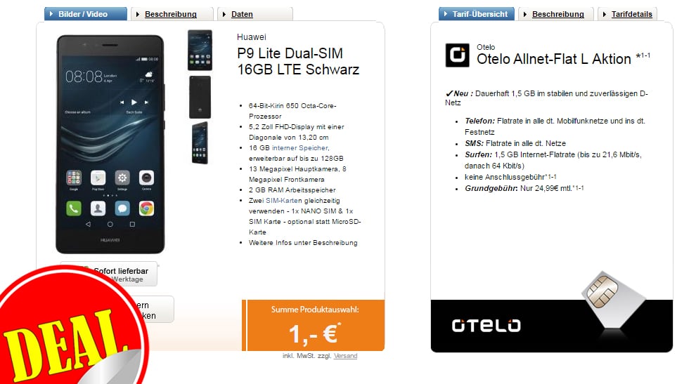 P9 Lite + Otelo Allnet-Flat L nur 24,99€ mtl.
