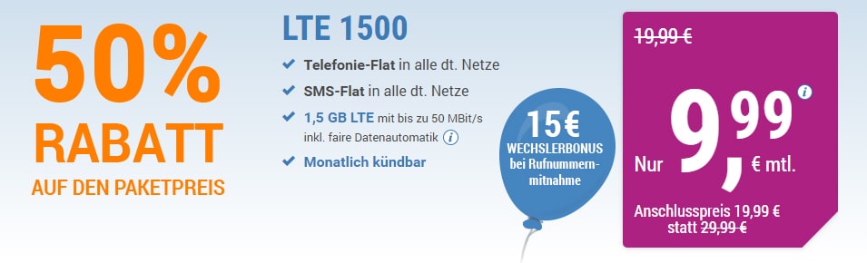 LTE 1500+ Allnet+ SMS+ EU+ monatlich kündbar nur 9,99€ mtl.