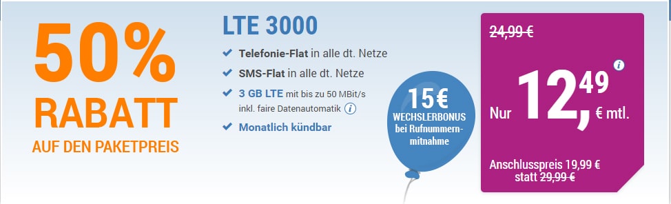 LTE 3000 MB+ Allnet+ EU+monatlich kündbar nur 12,49€ mtl.