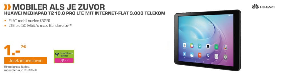 Huawei Mediapad T2 10.0 Pro LTE + Internet-Flat 3.000 Telekom 9,99€ mtl.