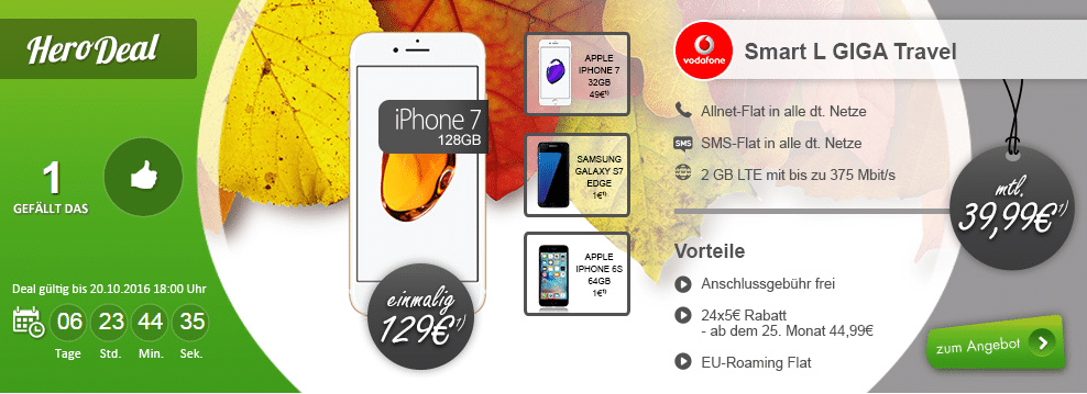 Apple iPhone 7 VF 128 GB+ Vodafone Smart L nur 39,99€ mtl.