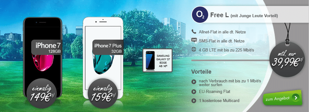 o2 Free L + iPhone 7+ 4GB LTE + EU nur 44,99€ mtl.