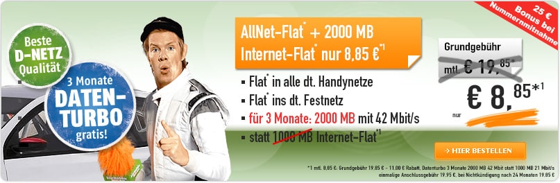 Klarmobil AllNet Flat Telekom Netz nur 8,85€ mtl.
