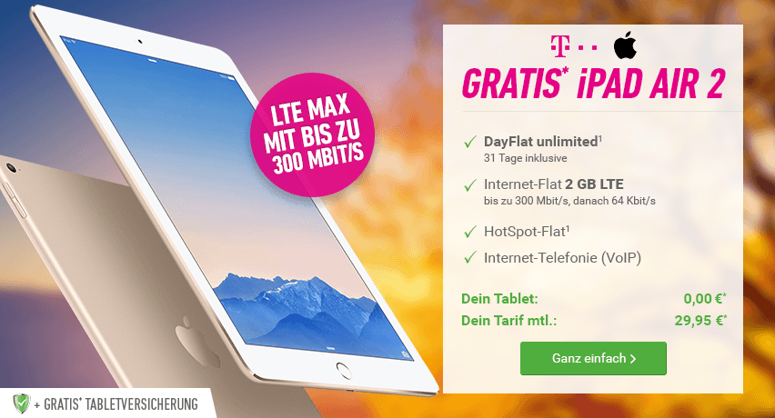 iPad Air 2 + Telekom Data Comfort M Premium nur 29,95€ mtl.