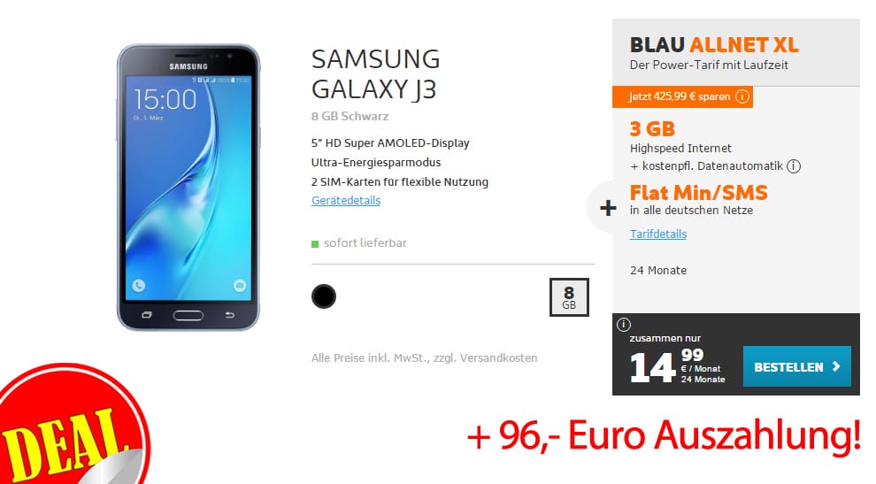 Samsung Galaxy J3 + Allnet + SMS + 3GB nur eff. 10,99€ mtl.