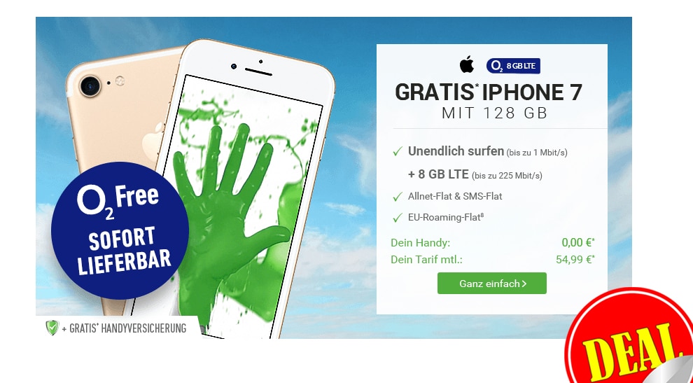 o2 Free XL+ iPhone 7+ 8GB LTE+ Allnet +EU+ Multicard nur 54,99€ mtl.